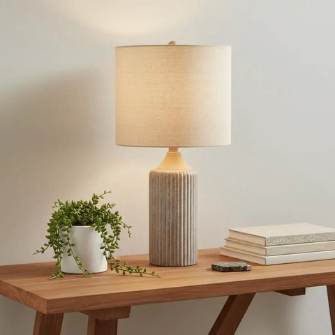 Cement Gray Round Desk Lamp With Linen Drum Shade 23.5 Inches Tall And 12 Inch Base Whitewashed Stone Finish 5 Foot Cord Modern Minimal Lighting For Home Office Or Living Room