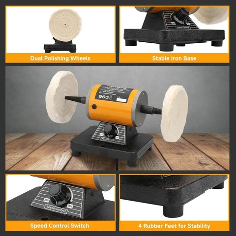 Pro Grade Heavy Duty Bench Buffer Polisher With Variable Speed Control Electric Buffing Machine showing dual polishing wheels and speed control.