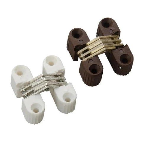 Six Pack Concealed Barrel Cross Hinges for Folding Doors and Furniture invisible hinge hardware in brown and white finish.