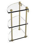 Sturdy Three Tier Corner Glass Shelf In Satin Brass Finish Southbeach Collection with tempered glass and brass supports