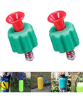 Two green plastic pressure relief valves with red push tops, close-up view for garden backpack sprayer connectors.