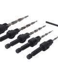 Killer 5 Piece Countersink Set For Screw Sizes 4 Through 12 Adjustable Four Cutter Drill Bit, black metal drill bits with hex shanks.