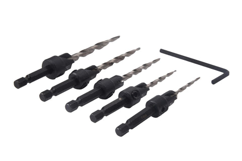 Killer 5 Piece Countersink Set For Screw Sizes 4 Through 12 Adjustable Four Cutter Drill Bit, black metal drill bits with hex shanks.