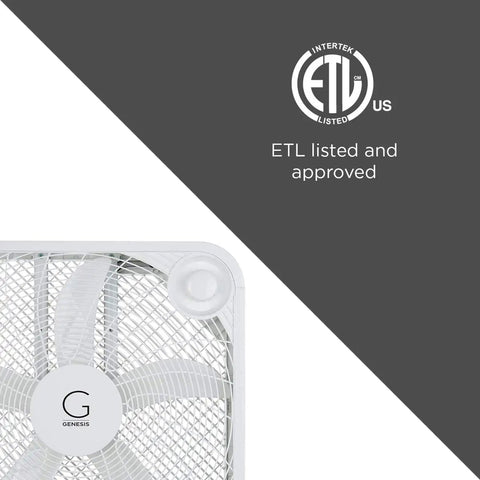 Top corner view of Genesis 20 Inch High Velocity Box Fan With Three Speed Settings And Go To Cooling Tech, showing ETL certification.