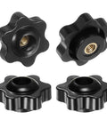 Set Of 4 Black Star Knobs With M4 Female Thread, 25mm Head, Through Hole Brass Insert, Plastic Clamping Hand Knobs.