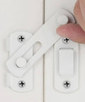 White stainless steel barn door latch for sliding and bi-fold doors, rustic antique gate lock for cabinets, easy install close-up