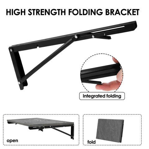 Heavy Duty Folding Shelf Brackets For Wall Mounts And Benches, collapsible metal support with integrated folding, black hinge design