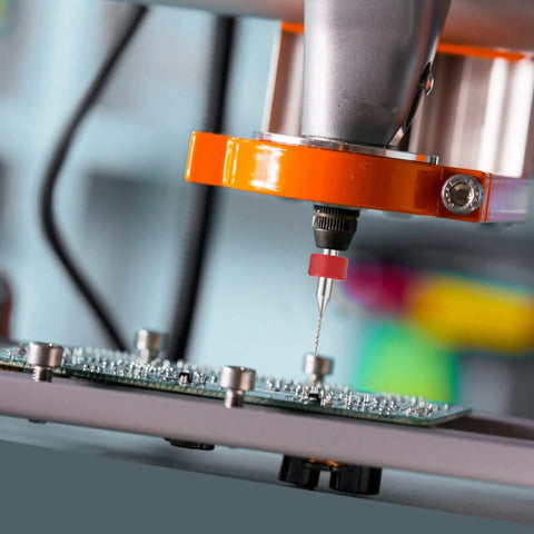 Carbide PCB Drill Bit Set, 20 Pieces, 0.3mm Mini CNC drilling bits in use on a printed circuit board, showcasing anti-bending design.