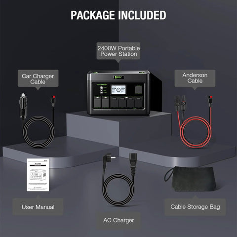 Package contents of Massive 1843.2Wh LiFePO4 Portable Power Station With 2400W Peak Output, featuring cables and charger