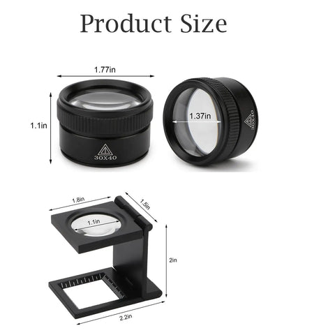 Two Pack Jewelers Loupe Pocket Magnifier Folding Magnifier Small Loupe Mini Magnifier 30X and 10X lenses with product dimensions