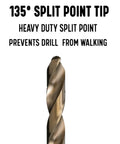 M42 Cobalt Drill Bit Set, 29 Pieces, 1/16 To 1/2 Inch In 64ths, 135° split point detail with gold oxide finish.