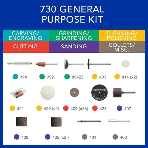 Top Shelf Rotary Tool Accessory Kit Loaded With Heavy Duty Micro Bits For Cutting Engraving Grinding Sanding And Polishing Comes With A Solid Storage Case, 730 general purpose kit layout with various bits.