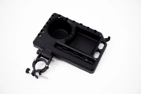 Universal Bicycle Repair Stand Tool Tray With Adjustable Work Surface Attaches to Any Repair Stand, showing empty slots and clamp.