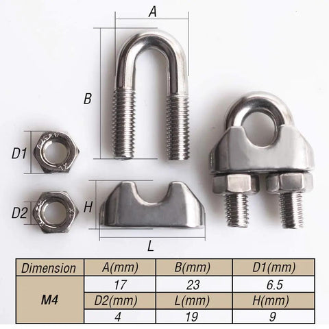 Three Sixteenth Inch M4 Wire Rope Cable Clip Clamp 304 Stainless Steel U Bolt Saddle Fastener dimensions and parts
