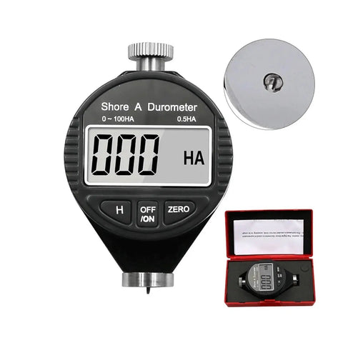 Professional Digital Shore Durometer Rubber Hardness Tester Meter Featuring Dead On Readings And Boss Level Durability For Big Time Elastomer Quality Control Testing, showing display and included accessories.