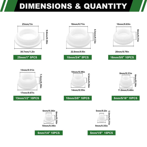 Japtend 75Pc Assortment Kit Features Eight Different Sizes Of White Silicone Rubber Plugs For Round Hole Gaps And Pipes In Kitchens, Bathrooms, Furniture Projects And Home Repairs To Seal Openings Fast. size chart of white silicone hole plugs, 5mm-25mm assortment