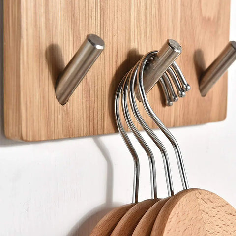 Heavy Duty Solid Wood Wall Mounted Coat Rack With Reinforced Metal Hooks showcasing hooks with wooden coasters organized.