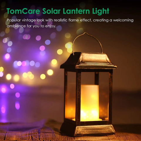 Lit Flickering Flame Solar Lanterns Set Metal Outdoor Hanging Lights Waterproof LED Flame Lamps with glowing flame effect