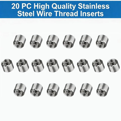 20-piece set of stainless steel wire thread inserts from M6 X 1.0 Thread Repair Kit With HSS Drill Bit Helicoil Style Wire Thread Inserts.