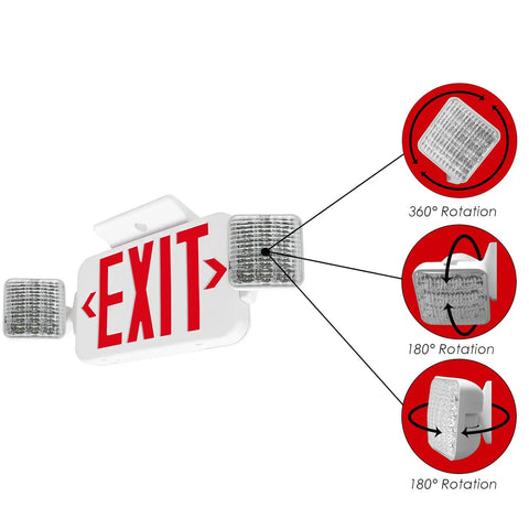 Combo UL 924 Emergency Exit Sign with Battery Backup, Red LED, White Housing, 120/277VAC, rotation features highlighted.