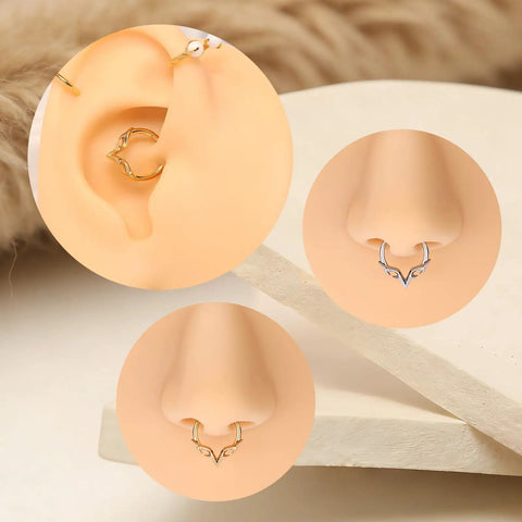 Gold Blade Wings V Shape Septum Ring 16G 1.2mm Stainless Steel Nose Hoop 8mm Daith Helix Tragus Rook Conch Cartilage Earring For Women Dope Everyday Accessory shown worn in ear and nose