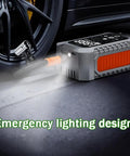 Portable Wireless Tire Inflator With Digital Pressure Gauge No Sweat Air Compressor For Cars Motorcycles Bikes And Balls Road Trip Ready Quick Fix with emergency lighting near car tire.