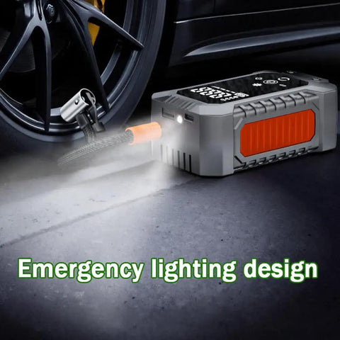 Portable Wireless Tire Inflator With Digital Pressure Gauge No Sweat Air Compressor For Cars Motorcycles Bikes And Balls Road Trip Ready Quick Fix with emergency lighting near car tire.