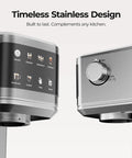 Close-up of Sick Home Barista Essential Featuring Professional Espresso Machine With Milk Frother And Instant Cold Brew Maker controls in stainless steel.