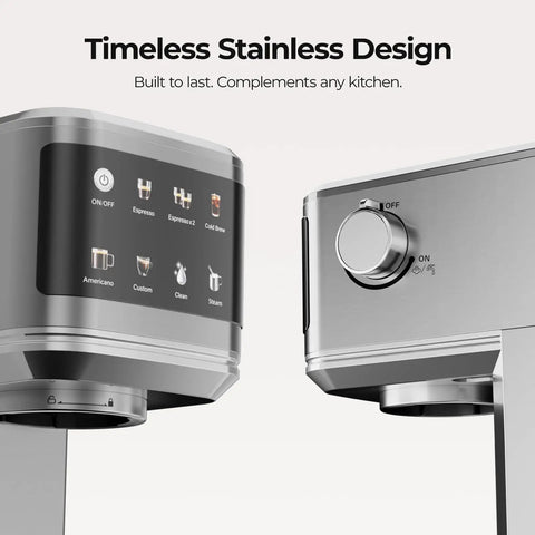 Close-up of Sick Home Barista Essential Featuring Professional Espresso Machine With Milk Frother And Instant Cold Brew Maker controls in stainless steel.