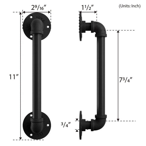 11 Inch Pipe Barn Door Handle Black Rustic Industrial Grab Bar Towel Bar Handrail And Pull For Stairs Gate And Garage Heavy Duty Cast Iron Durable With Round Base And Frosted Black Finish For Everyday Home Use, front and side view with dimensions.