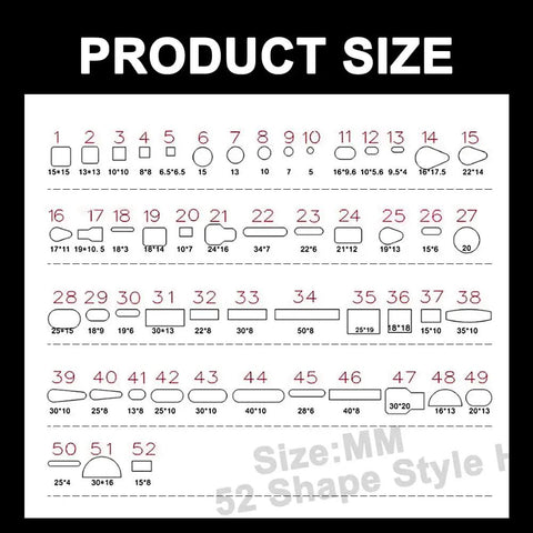 Size chart for 52 Shapes Leather Hole Punch Tool Set With Cutter And Carving Hammer For Crafting, showing various hole dimensions.