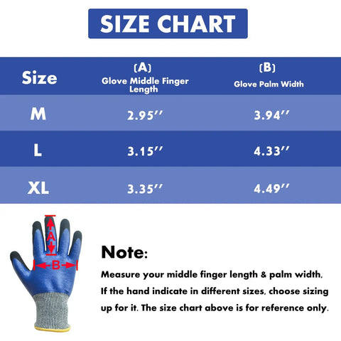 Size chart for Heavy Duty Nitrile Gardening Gloves For Men Double Coated Work Gloves with medium, large, and XL measurements.