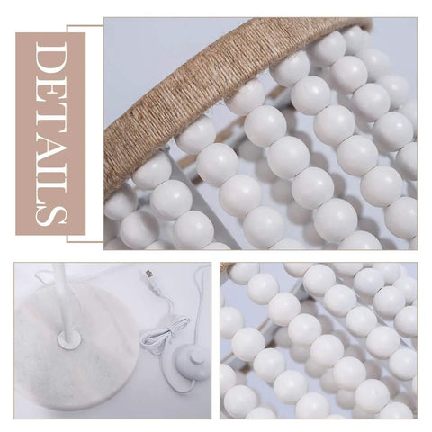 Close-up details of Boho Chic Floor Lamp With White Wood Beaded Shade For Bedroom, Living Room, And Girl Room, Hand Rope Knot Accent, Tall 59 Inch Lighting With Soft Ambient Glow