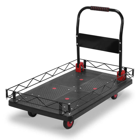 2-in-1 Folding Flatbed Cart With Removable Cage, Heavy Duty Platform Truck For Home And Workshop, Built To Haul Big Loads, Quick Switch To Flat Cart For Bulky Items, Durable PP And Steel Construction; black PP and steel cart with cage