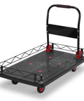Heavy Duty Folding Platform Truck With Removable Steel Fence Cage For Flatbed Transport And Hauling Large Bulky Loads In Warehouses Or Yards This Workhorse Makes Heavy Lifting A Breeze, black steel, five wheels