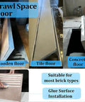 Invisible Basement Entry Door With Zero Stress Recessed Crawl Space Hatch featuring different floor types: wood, tile, concrete and installation details.