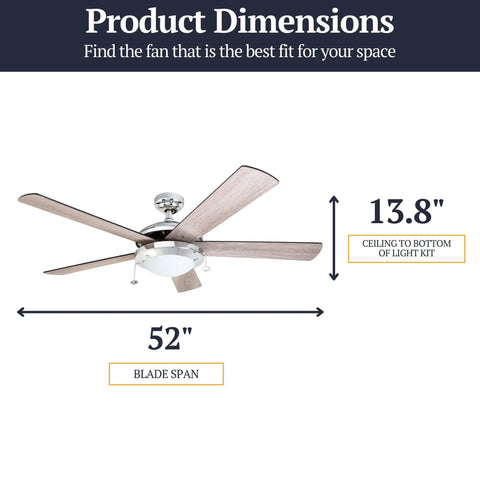 52 Inch Modern LED Ceiling Fan With Light Pull Chain Dual Mounting Options Chrome Finish Blades Reversible Motor Keeps Your Rooms Chill