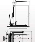 Technical drawing of Semi Electric Straddle Stacker And Powered High Lift Pallet Forklift With Adjustable Forks Solid 3300 Pound Capacity.