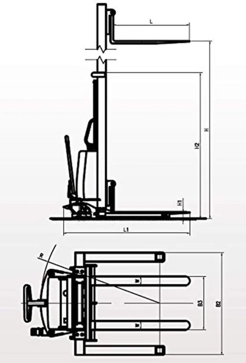 Technical drawing of Semi Electric Straddle Stacker And Powered High Lift Pallet Forklift With Adjustable Forks Solid 3300 Pound Capacity.