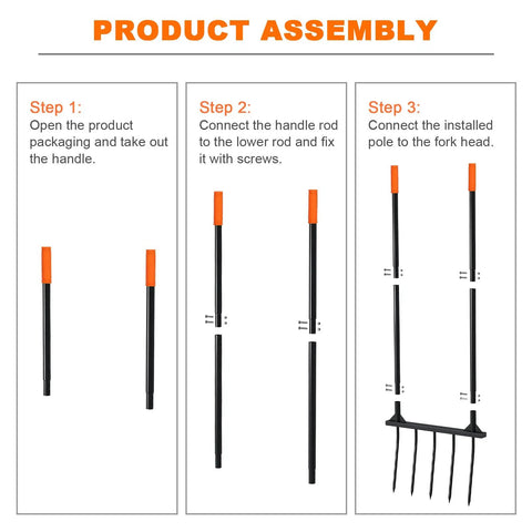 Product assembly steps for Broad Fork Garden Tool With Ergonomic Design For Farms And Home Gardens, Easy Soil Turning And Weeding.