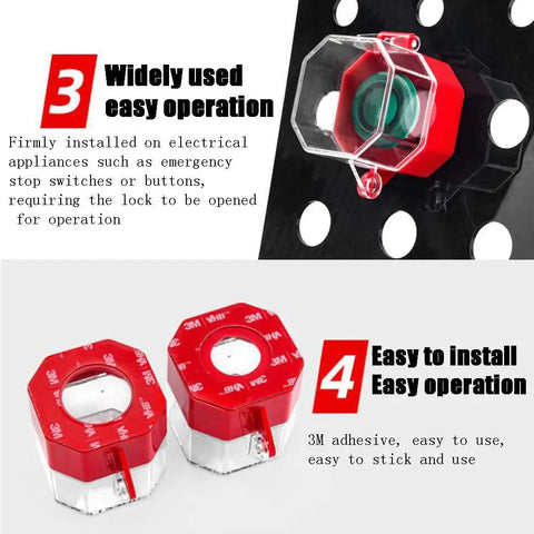 Emergency Stop Protection Cover For Push Button Switch Clear Transparent Box Type Button Shield Small 55mm Face Durable Plastic Stop Switch Box Cover For Industrial Machines displayed in use on a black panel