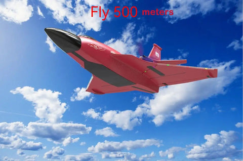 Red RC airplane flying in blue sky with "Fly 500 meters" text, showcasing aerodynamic design and performance.