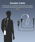 Diagram showing covert tube earpiece with mic for walkie talkies M head 2 pin full size PTT surveillance headset, person wearing setup.