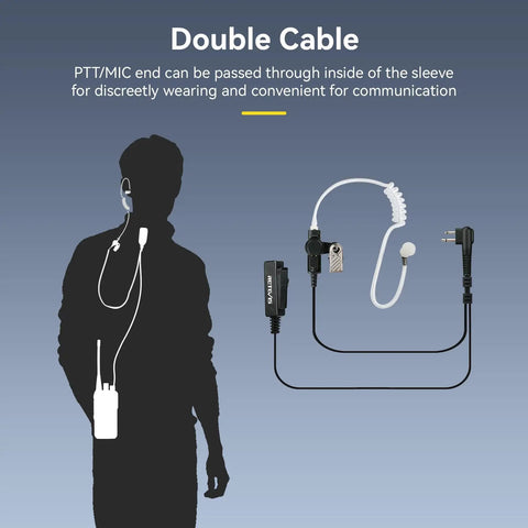 Diagram showing covert tube earpiece with mic for walkie talkies M head 2 pin full size PTT surveillance headset, person wearing setup.