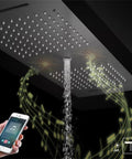 Top Shelf Ceiling Mount Digital Shower Kit With Brushed Gold Finish And Led Panel featuring a digital shower head and smartphone control.
