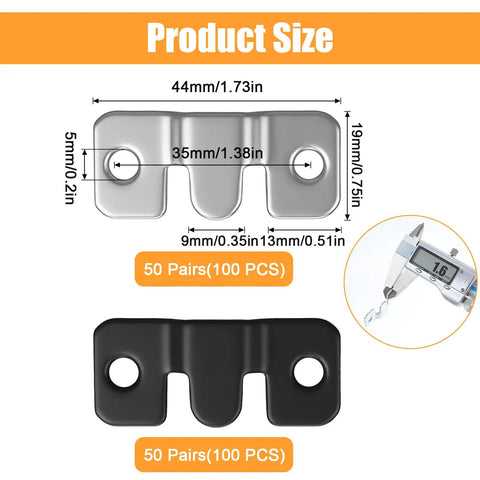 Massive 200-Piece Flush Mount Bracket Set With Stainless Steel Hanging Buckles, dimensions of silver and black mounts shown