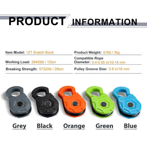 Snatch Block 12 Ton Heavy Duty Winch Pulley For Off Road Recovery with color options and product specifications.