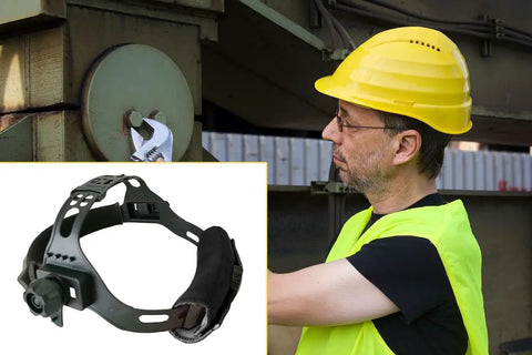 Universal Welding Helmet Rear Sweatband With Air Cushion Foam shown in close-up and worker installing equipment outdoors