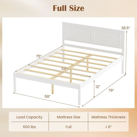 Full Size Wood Bed Frame With Headboard, Mid Century Modern Platform Bed Delivering Chill Vibes, Wooden slats, 54 Inch width diagram.