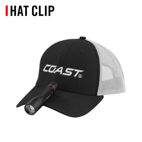 PX1 565 Lumen Pure Beam Focusing LED Flashlight With Twist Focus clipped to black mesh cap